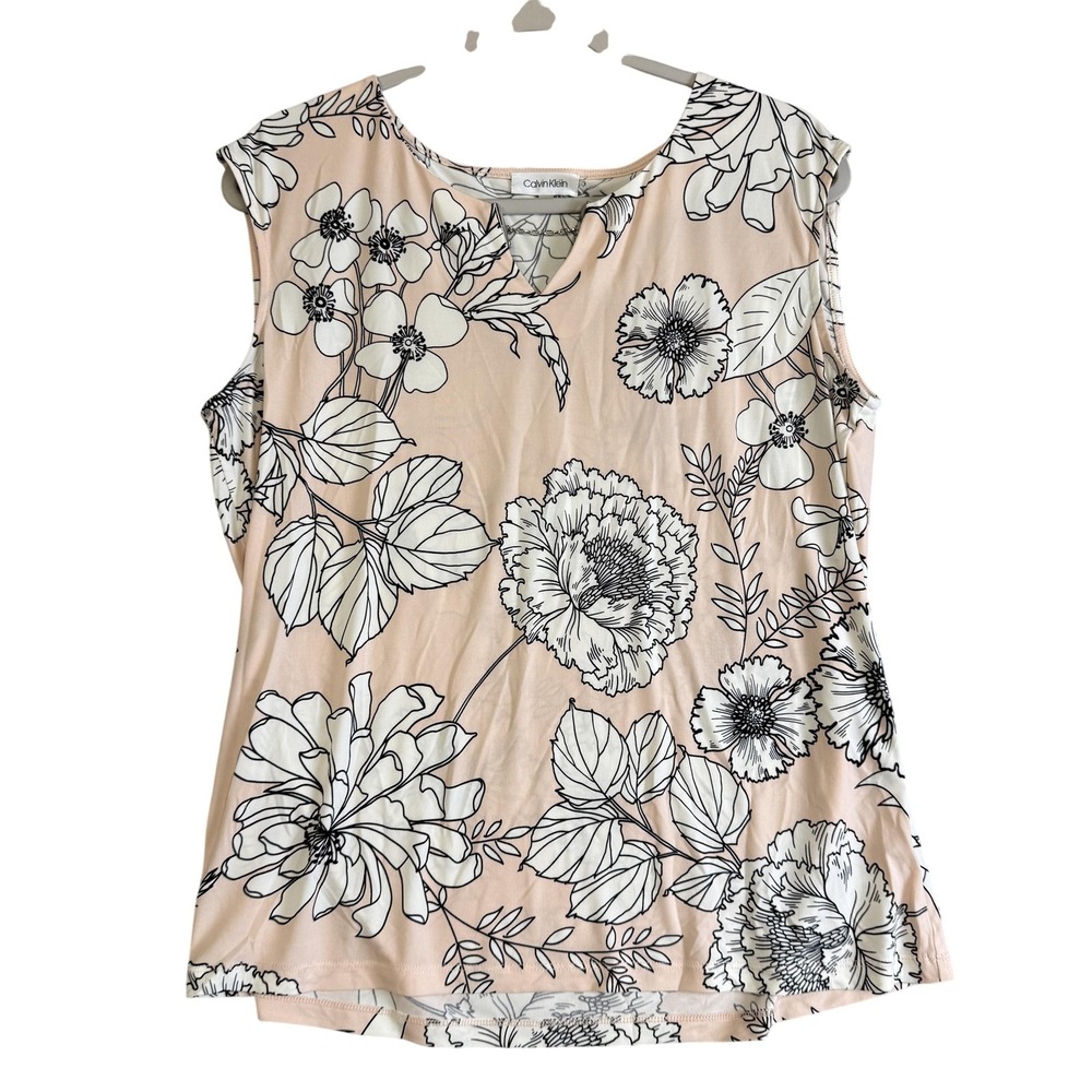 Calvin Klein Blouse Womens Large Pink V Neck Sleeveless Floral Stretch Top
